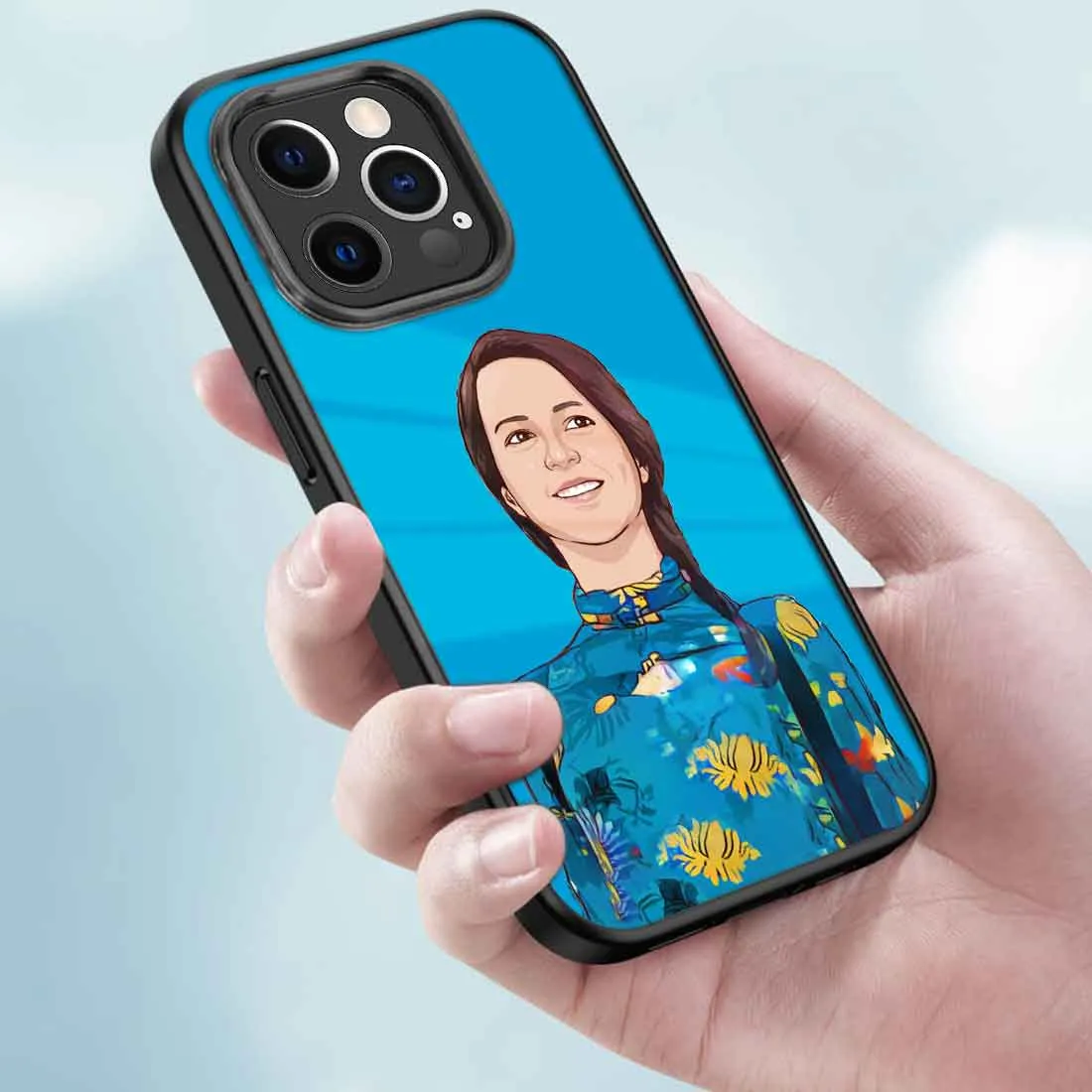 Personalized Mobile Back Cover with Photo Blue iPhone 12 Pro Back Case - Cartoonized From Image