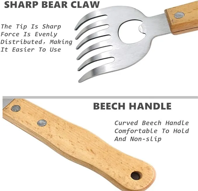 Qplcdg Meat Claws with Long Wooden Handle,2PCS Stainless Steel Shredders Claws,Bottle Opener BBQ Meat Claw for Pulled Pork/Chicken/Beef/Mix Salads