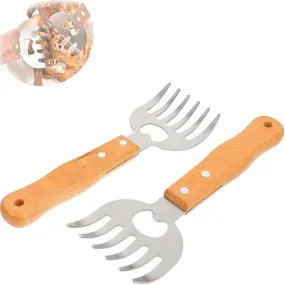 Qplcdg Meat Claws with Long Wooden Handle,2PCS Stainless Steel Shredders Claws,Bottle Opener BBQ Meat Claw for Pulled Pork/Chicken/Beef/Mix Salads
