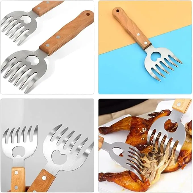 Qplcdg Meat Claws with Long Wooden Handle,2PCS Stainless Steel Shredders Claws,Bottle Opener BBQ Meat Claw for Pulled Pork/Chicken/Beef/Mix Salads