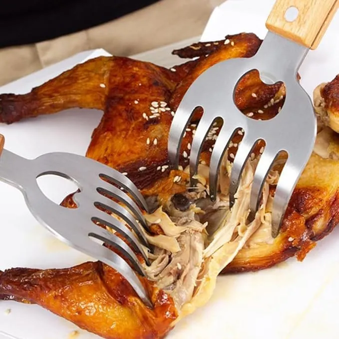 Qplcdg Meat Claws with Long Wooden Handle,2PCS Stainless Steel Shredders Claws,Bottle Opener BBQ Meat Claw for Pulled Pork/Chicken/Beef/Mix Salads