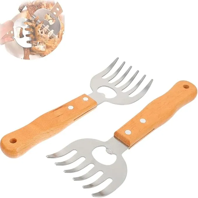 Qplcdg Meat Claws with Long Wooden Handle,2PCS Stainless Steel Shredders Claws,Bottle Opener BBQ Meat Claw for Pulled Pork/Chicken/Beef/Mix Salads
