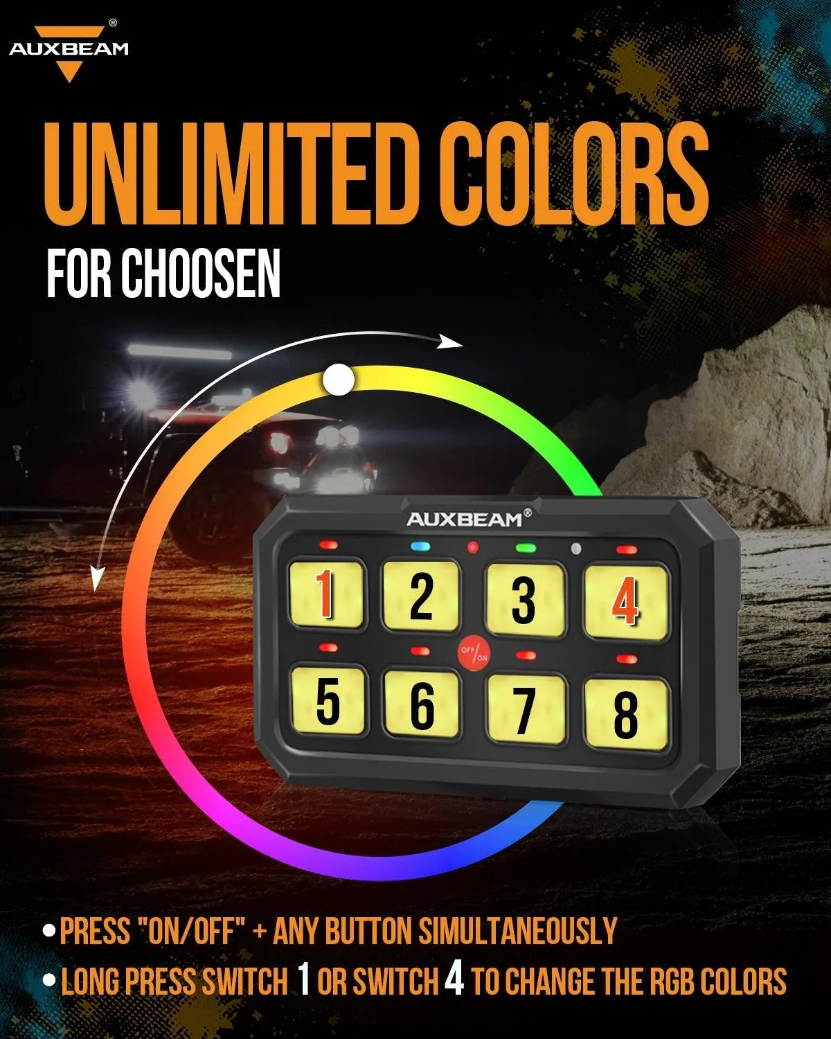 RA80 XL RGB 8 Gang Switch Panel for UTV ATV Side by Sides, Toggle/ Momentary/ Pulsed Modes, Off Road Lights Controller