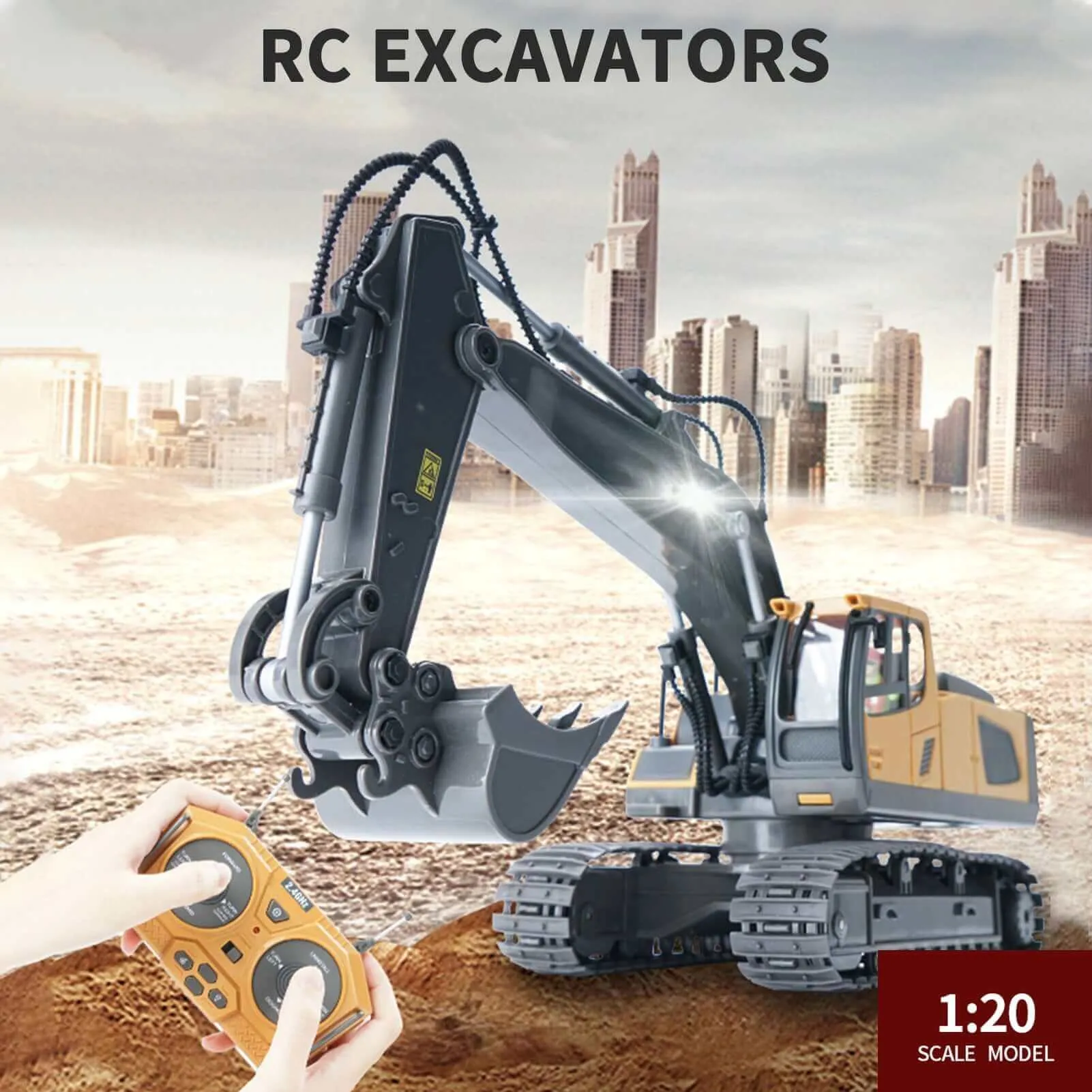 RC Excavator Bulldozer - 1:20 11CH Construction Truck with Lights & Music