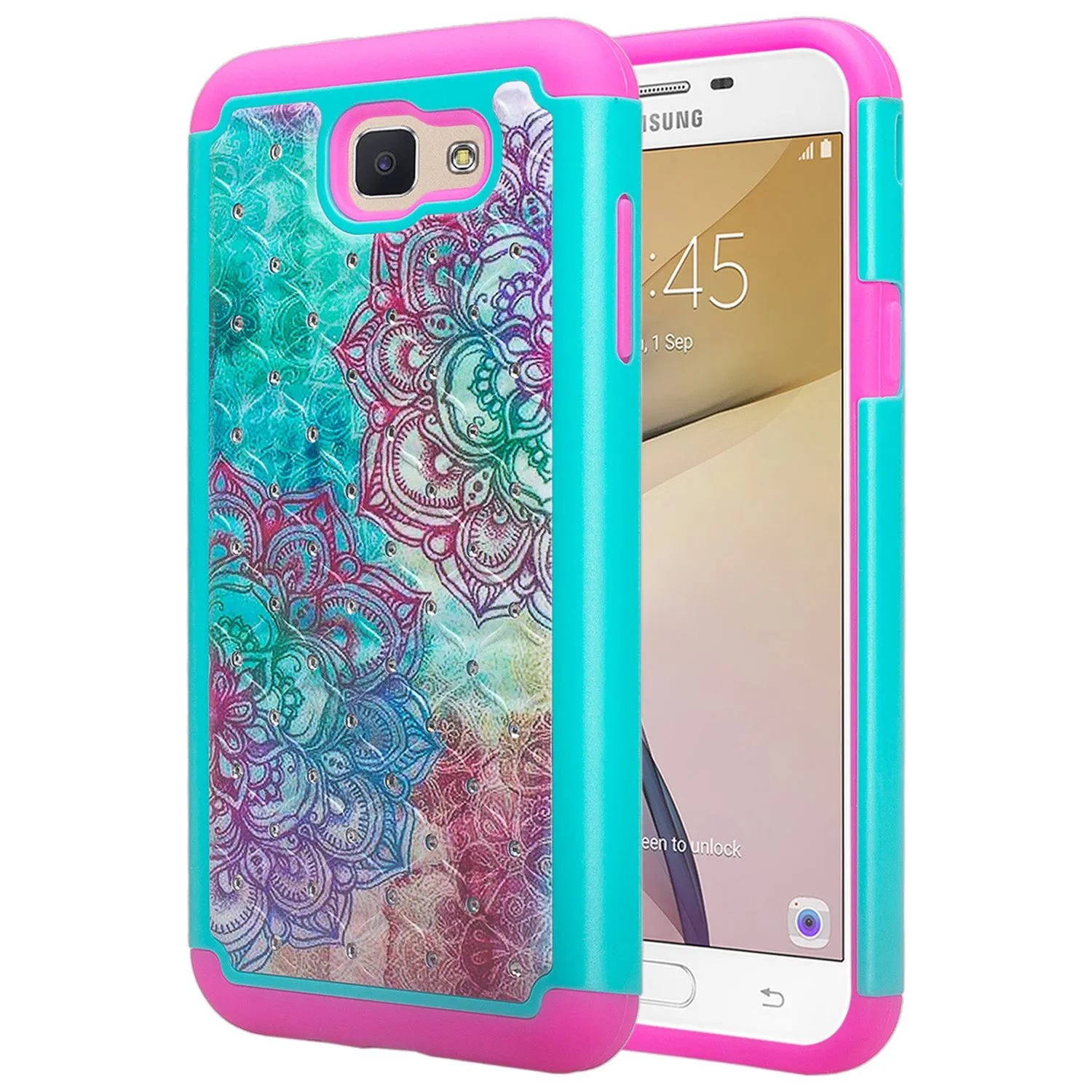 Samsung Galaxy J7 V / J7 (2017) / J7 Perx / J7 Sky Pro / J7 Prime / Galaxy Halo Case, Rhinestone Studded Slim Dual Layer [Shock Resistant]  Cover -  Teal Flower