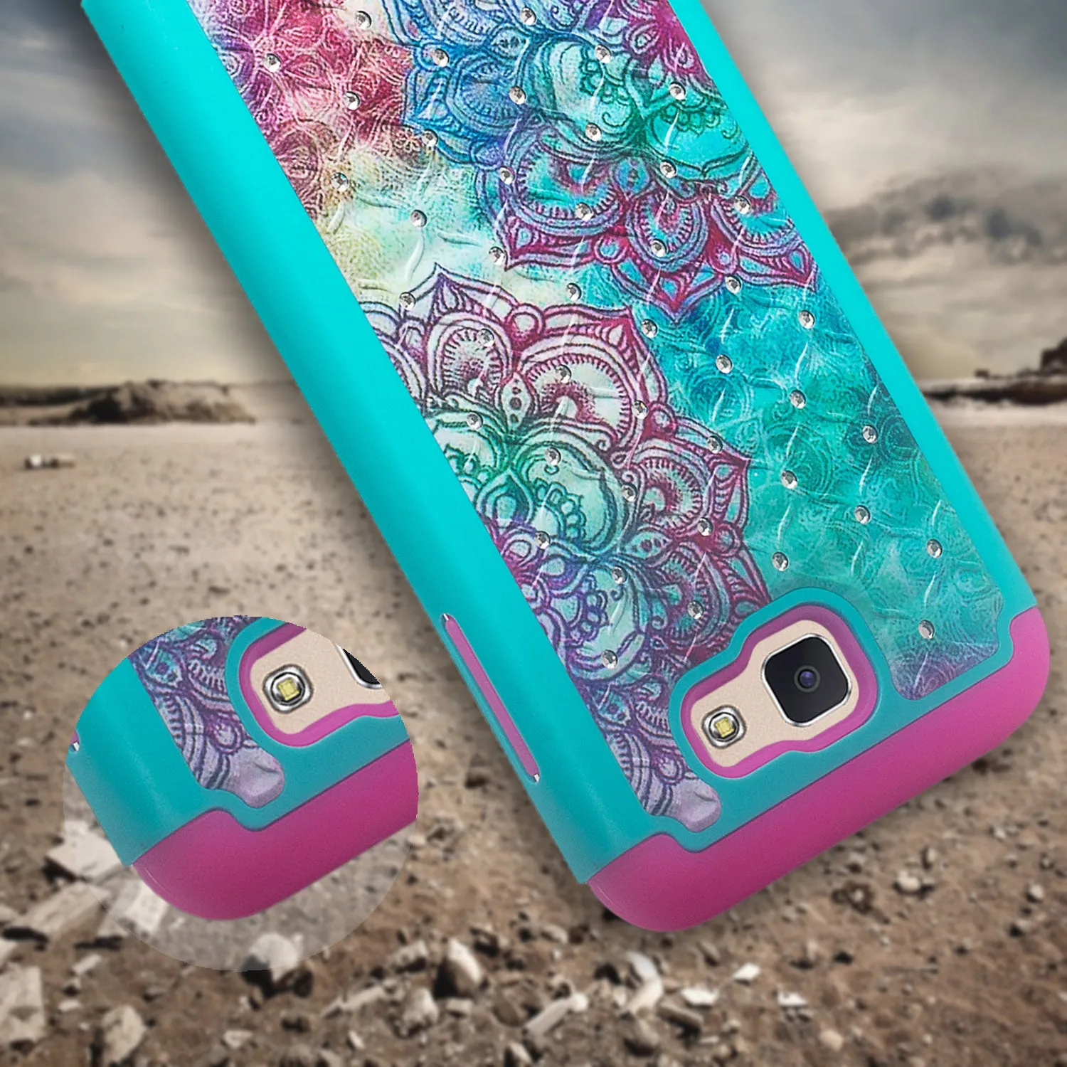 Samsung Galaxy J7 V / J7 (2017) / J7 Perx / J7 Sky Pro / J7 Prime / Galaxy Halo Case, Rhinestone Studded Slim Dual Layer [Shock Resistant]  Cover -  Teal Flower