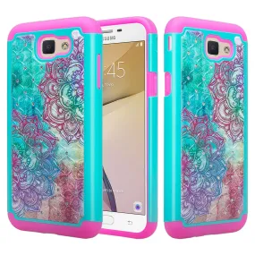 Samsung Galaxy J7 V / J7 (2017) / J7 Perx / J7 Sky Pro / J7 Prime / Galaxy Halo Case, Rhinestone Studded Slim Dual Layer [Shock Resistant]  Cover -  Teal Flower