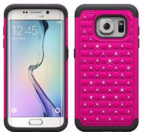 Samsung Galaxy S6 Crystal Rhinestone Slim Hybrid Dual Layer Case for Galaxy S6 - HotPink/Black