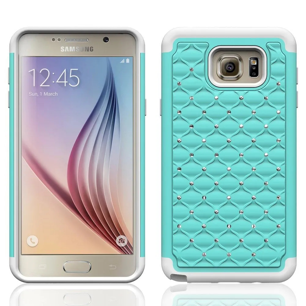 Samsung Galaxy S6 Crystal Rhinestone Slim Hybrid Dual Layer Case for Galaxy S6 - Teal/White