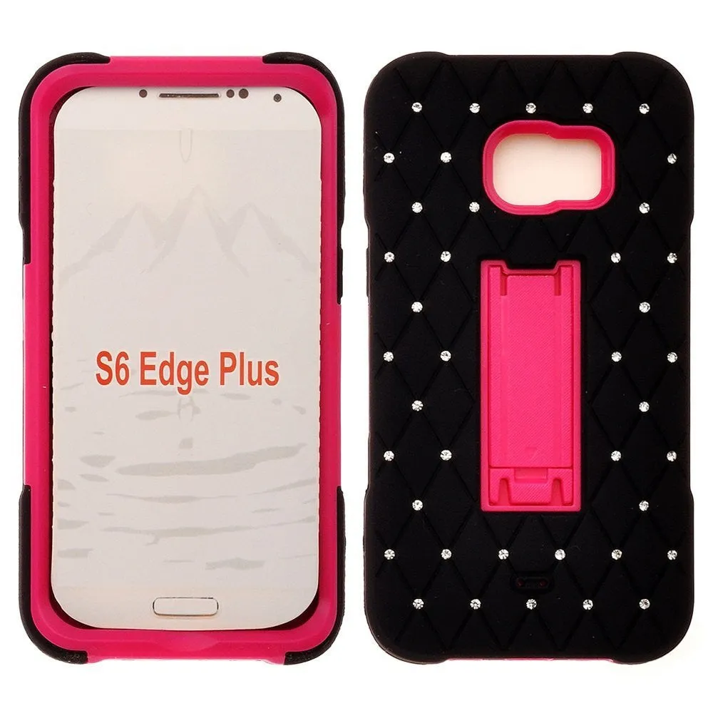 Samsung Galaxy S6 Edge Plus Crystal Rhinestone Hybrid Dual Layer Holster Case w/Kickstand for Galaxy S6 Edge Plus - Hot Pink/Black