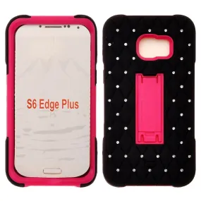 Samsung Galaxy S6 Edge Plus Crystal Rhinestone Hybrid Dual Layer Holster Case w/Kickstand for Galaxy S6 Edge Plus - Hot Pink/Black
