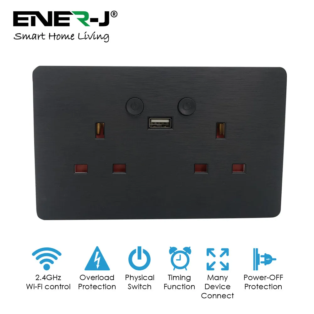 Smart Wi-Fi 13A Wi-Fi Twin Wall Sockets with 1 USB Ports (Black Brushed Finish)