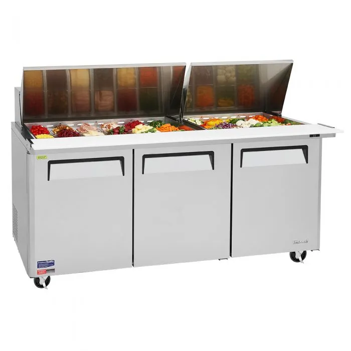 Turbo Air M3 Series 72.6" Mega Top Sandwich / Salad 30 Pan Refrigerated Prep Table, 3 Solid Doors