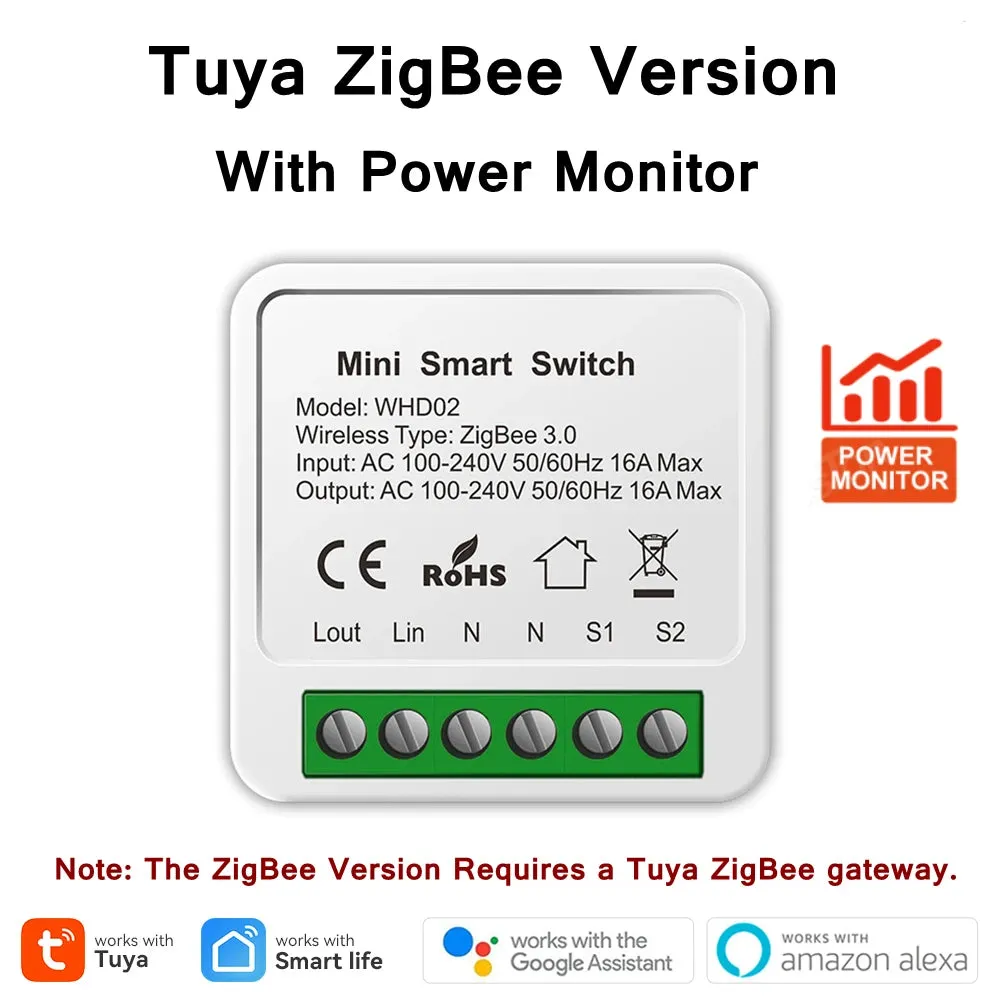 Tuya 16A ZigBee WiFi Smart Switch Module with Power Monitor 2 Way Control Breaker Works with Alexa Google Home Smart Life APP