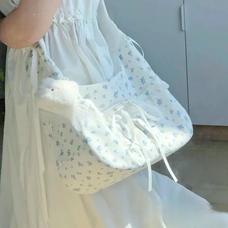 UAKISS  -  1 Piece Aesthetic Student Shoulder Bag for Girl Sweet Blue Floral Crsossbody Bag High Capacity Journal Stationery Tote Bag