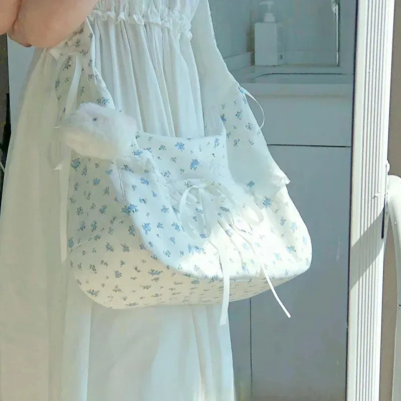 UAKISS  -  1 Piece Aesthetic Student Shoulder Bag for Girl Sweet Blue Floral Crsossbody Bag High Capacity Journal Stationery Tote Bag
