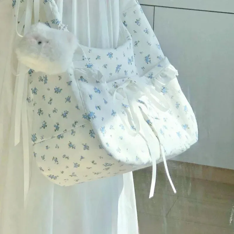 UAKISS  -  1 Piece Aesthetic Student Shoulder Bag for Girl Sweet Blue Floral Crsossbody Bag High Capacity Journal Stationery Tote Bag