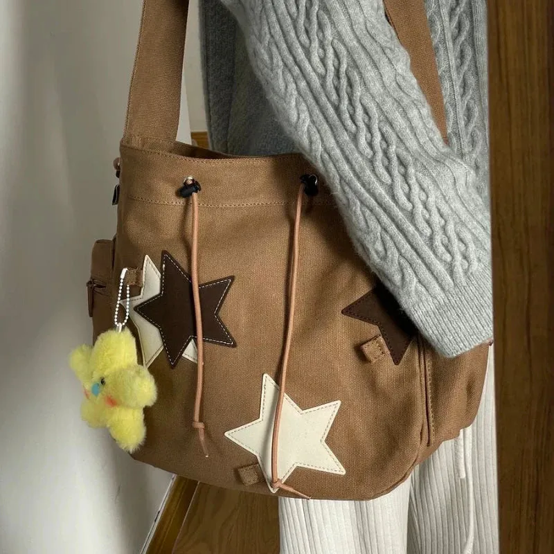UAKISS  -   Vintage Star Print Drawstring Shoulder Bags Girls Student High-capacity Y2k Aesthetic Crossbody Bag Office Lady Casual Tote