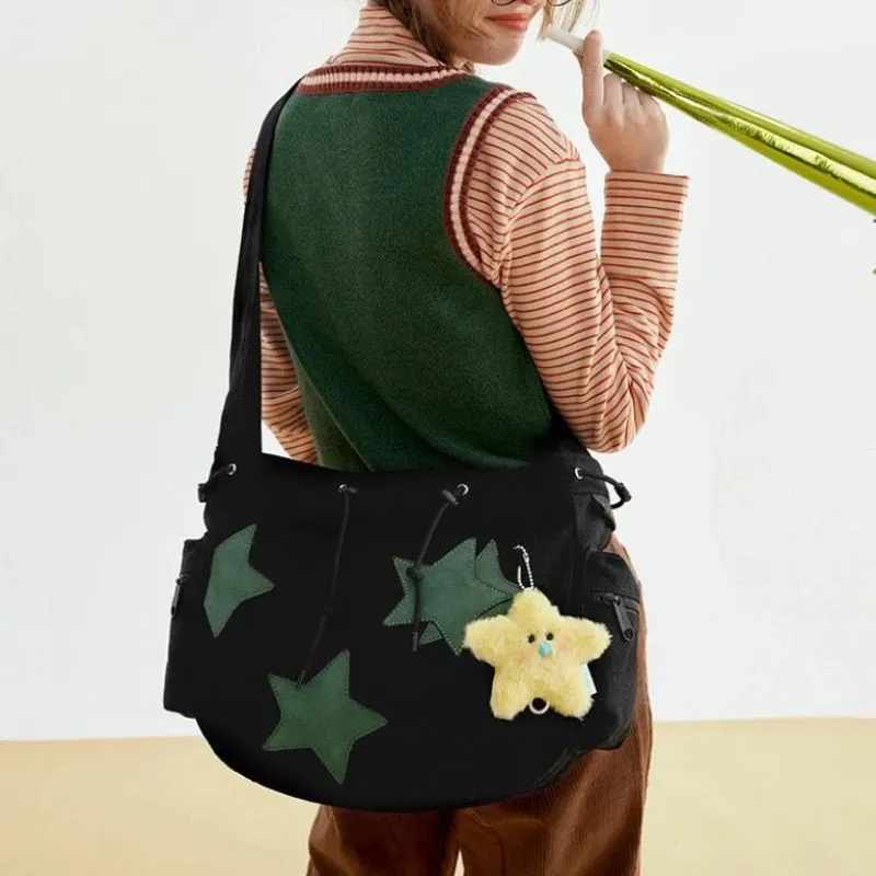 UAKISS  -   Vintage Star Print Drawstring Shoulder Bags Girls Student High-capacity Y2k Aesthetic Crossbody Bag Office Lady Casual Tote