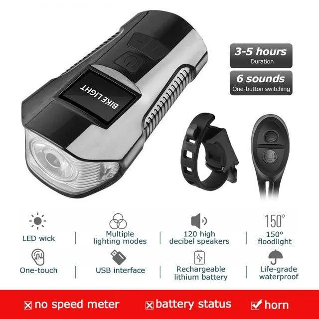 Waterproof Bicycle Light USB Charging Bike Front Light Flashlight Handlebar Cycling Head Light w/ Horn Speed Meter LCD