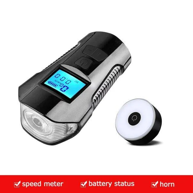 Waterproof Bicycle Light USB Charging Bike Front Light Flashlight Handlebar Cycling Head Light w/ Horn Speed Meter LCD