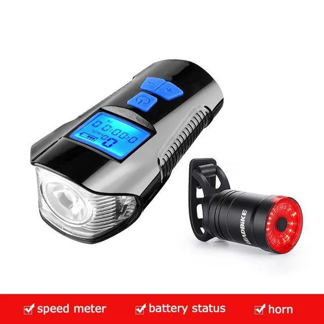 Waterproof Bicycle Light USB Charging Bike Front Light Flashlight Handlebar Cycling Head Light w/ Horn Speed Meter LCD