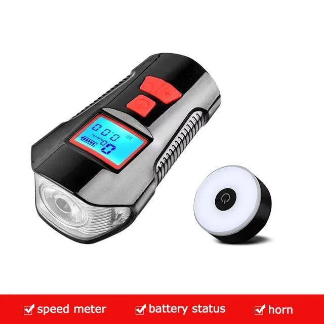 Waterproof Bicycle Light USB Charging Bike Front Light Flashlight Handlebar Cycling Head Light w/ Horn Speed Meter LCD