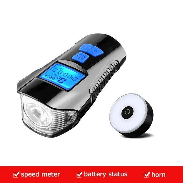 Waterproof Bicycle Light USB Charging Bike Front Light Flashlight Handlebar Cycling Head Light w/ Horn Speed Meter LCD