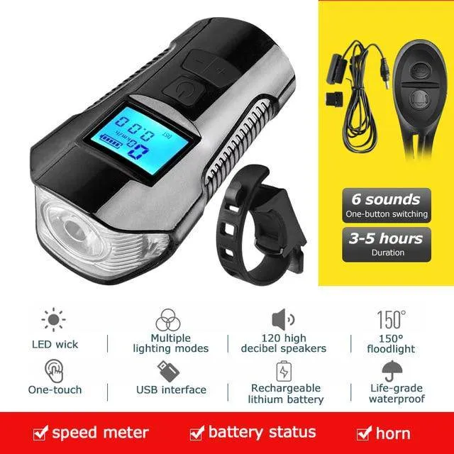 Waterproof Bicycle Light USB Charging Bike Front Light Flashlight Handlebar Cycling Head Light w/ Horn Speed Meter LCD