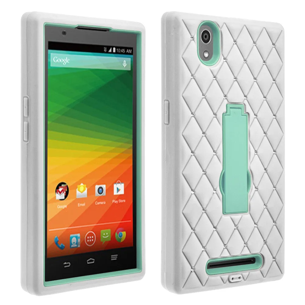ZMAX Case, ZTE ZMAX Case, Heavy Duty Armor Diamond Rhinestone Hybrid Case with Kickstand - White/Teal