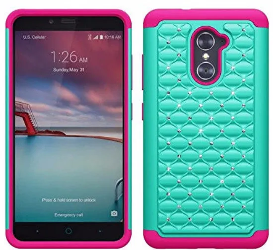 ZTE Grand X Max 2 Case | Imperial Max/Max Duo Diamond Rhinestone Dual Layer Hybrid Case for ZTE Grand X Max 2/Imperial Max/Max Duo LTE - Teal/Hot Pink