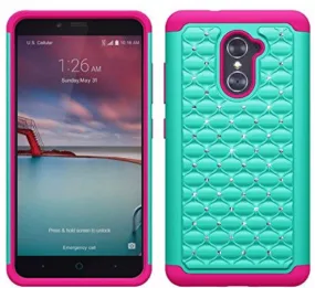 ZTE Grand X Max 2 Case | Imperial Max/Max Duo Diamond Rhinestone Dual Layer Hybrid Case for ZTE Grand X Max 2/Imperial Max/Max Duo LTE - Teal/Hot Pink