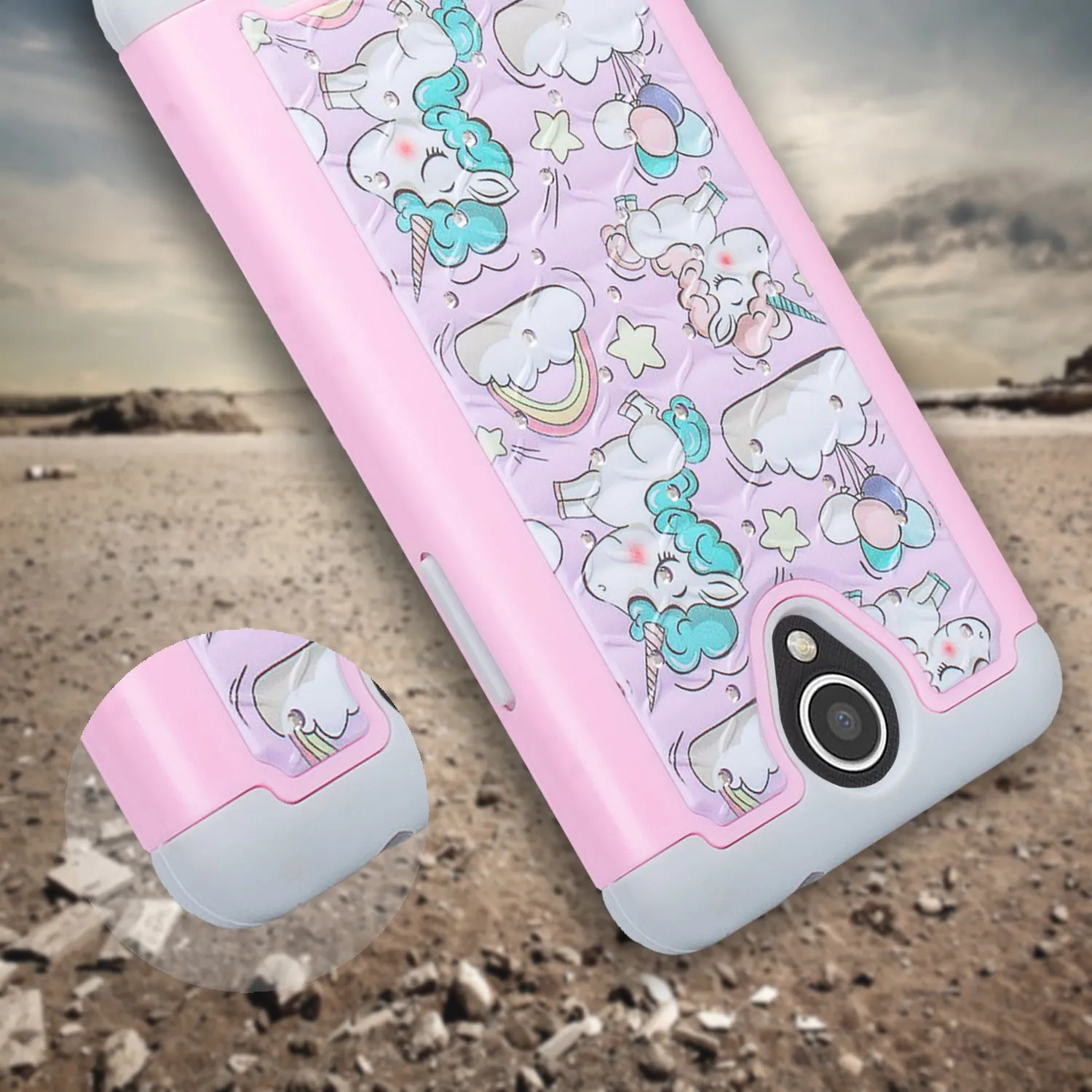 ZTE Prestige 2, Overture 3, Maven 3, Prelude Plus, ZTE 9136, Midnight Pro, Crystal Rhinestone Studded Shockproof Hybrid Dual Layer Case Cover - Pink Unicorn