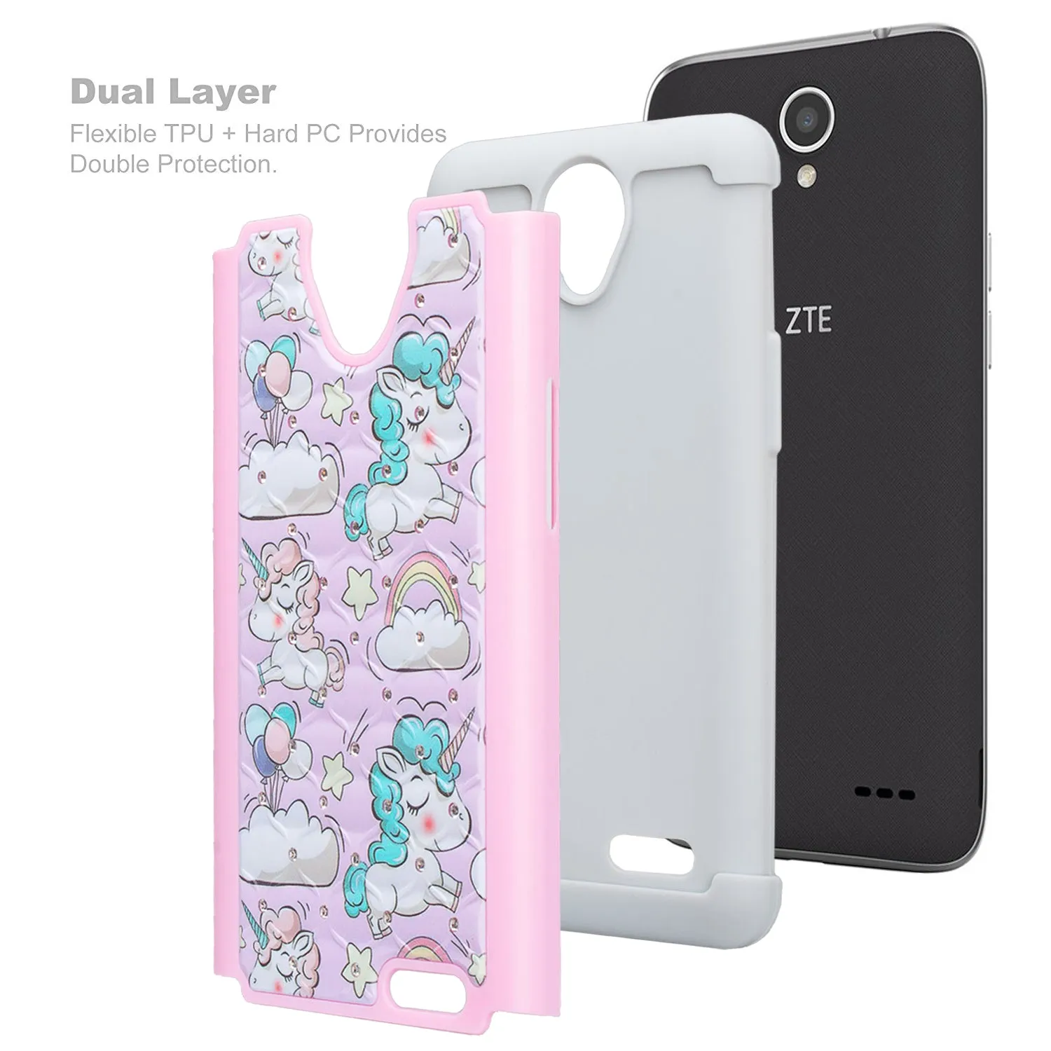 ZTE Prestige 2, Overture 3, Maven 3, Prelude Plus, ZTE 9136, Midnight Pro, Crystal Rhinestone Studded Shockproof Hybrid Dual Layer Case Cover - Pink Unicorn