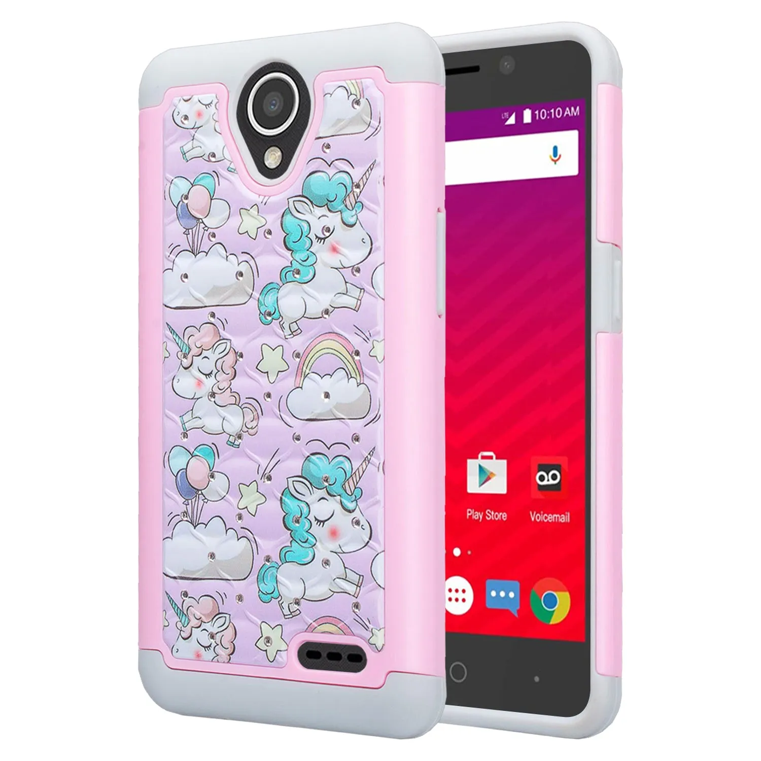 ZTE Prestige 2, Overture 3, Maven 3, Prelude Plus, ZTE 9136, Midnight Pro, Crystal Rhinestone Studded Shockproof Hybrid Dual Layer Case Cover - Pink Unicorn