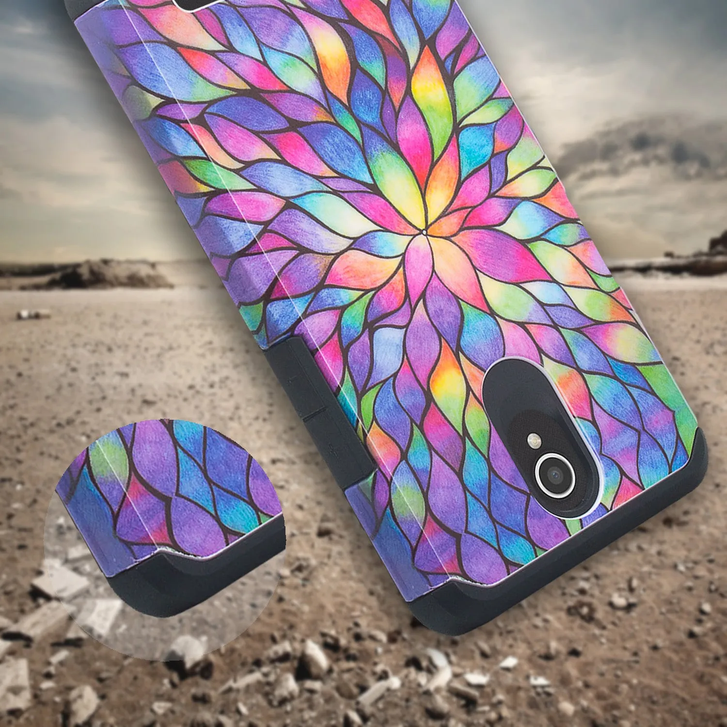 ZTE Prestige 2, Overture 3, Maven 3, Prelude Plus, ZTE 9136, Midnight Pro, Slim Hybrid Dual Layer Case Cover - Rainbow Flower