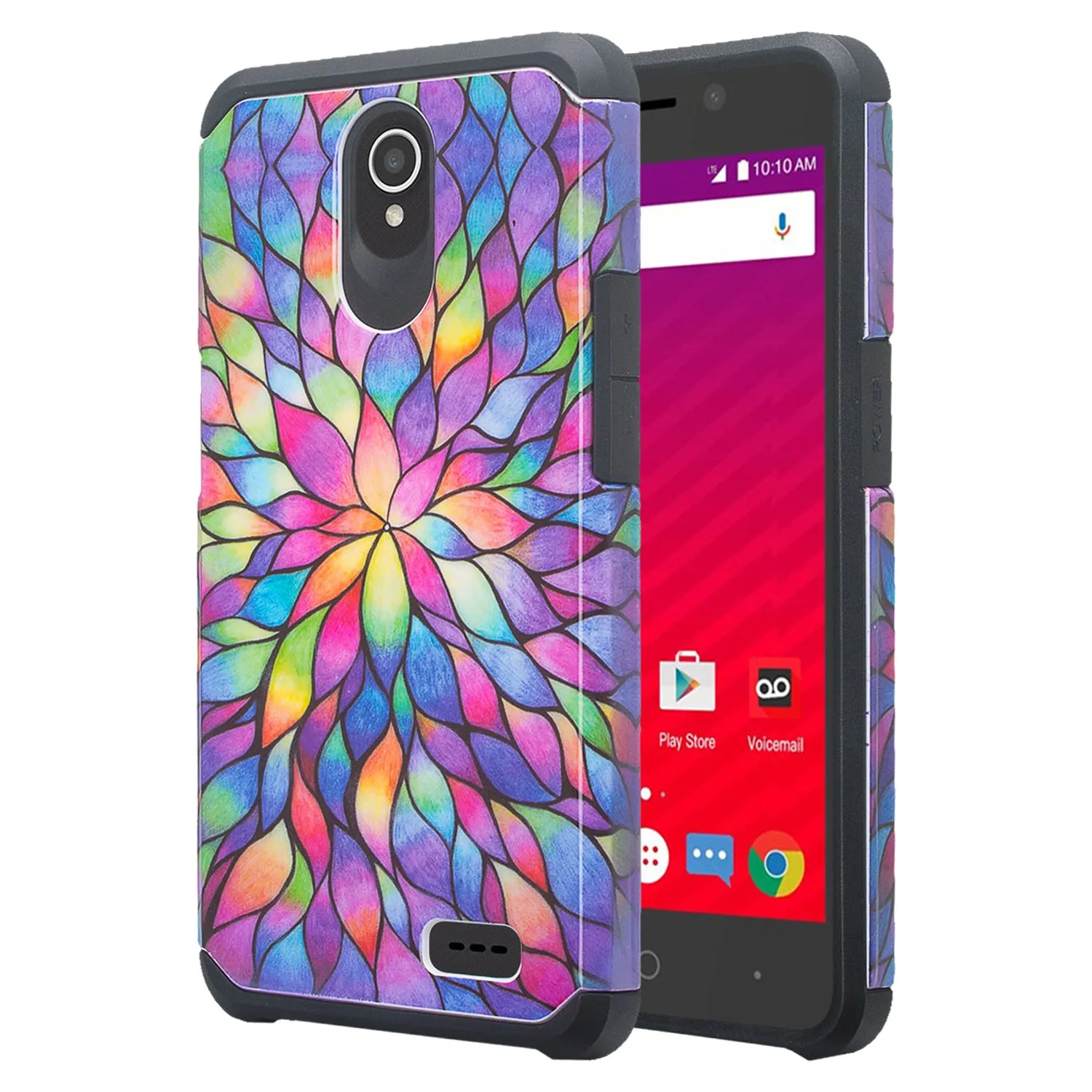 ZTE Prestige 2, Overture 3, Maven 3, Prelude Plus, ZTE 9136, Midnight Pro, Slim Hybrid Dual Layer Case Cover - Rainbow Flower