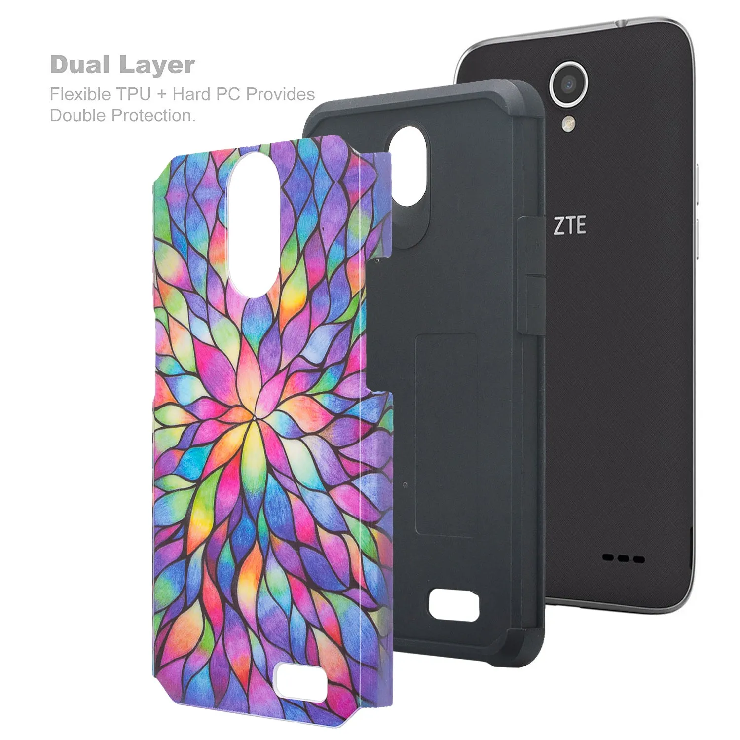 ZTE Prestige 2, Overture 3, Maven 3, Prelude Plus, ZTE 9136, Midnight Pro, Slim Hybrid Dual Layer Case Cover - Rainbow Flower