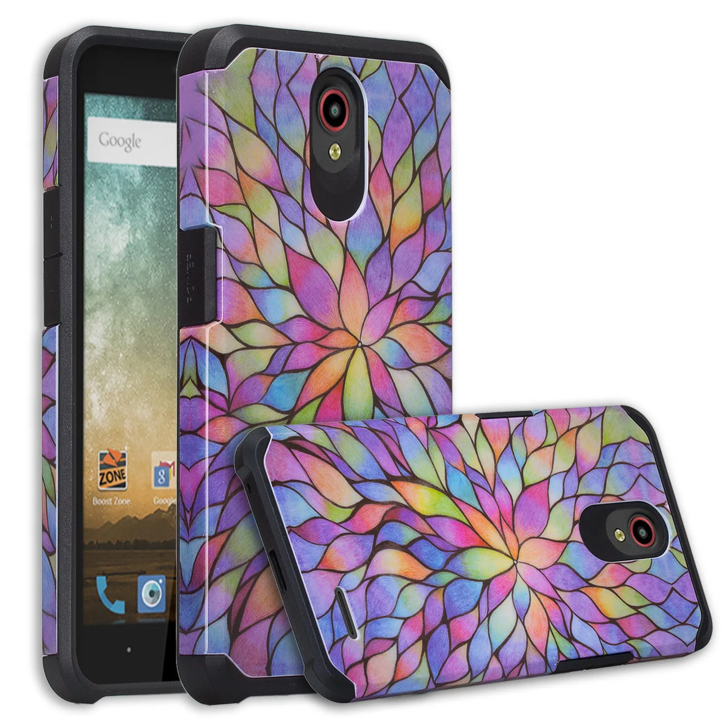 ZTE Prestige Case, Sonata 3, ZTE Avid Plus, ZTE Avid Trio, ZFive 2, Midnight Pro, Maven 2, Cheers, Slim Dual Layer Case Cover - Rainbow Flower